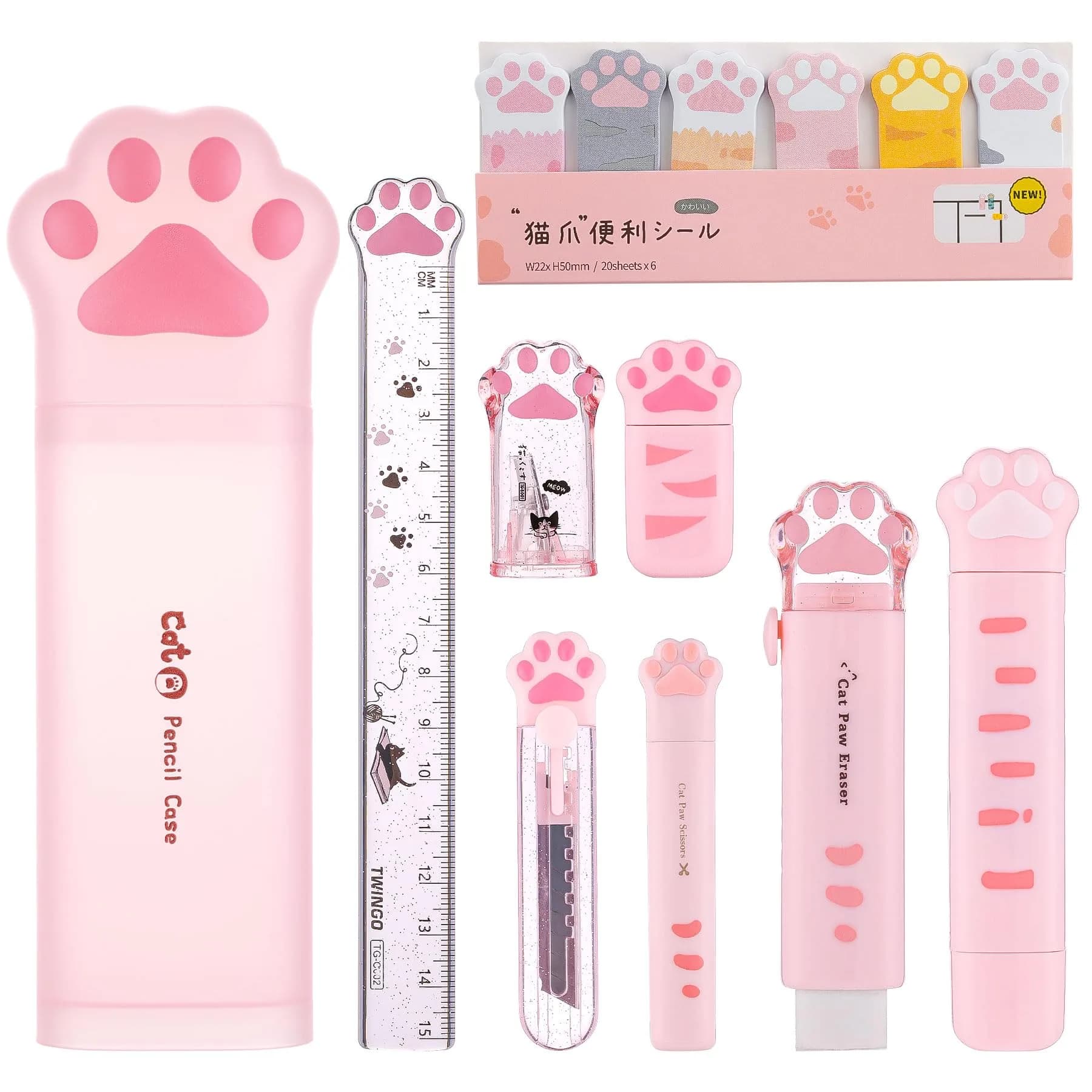 Kogcmeetl Cute Cat Paw Stationery Set White | Eraser Correction Tape Highlighters Sticky Notes Ruler — Style B(Pink)