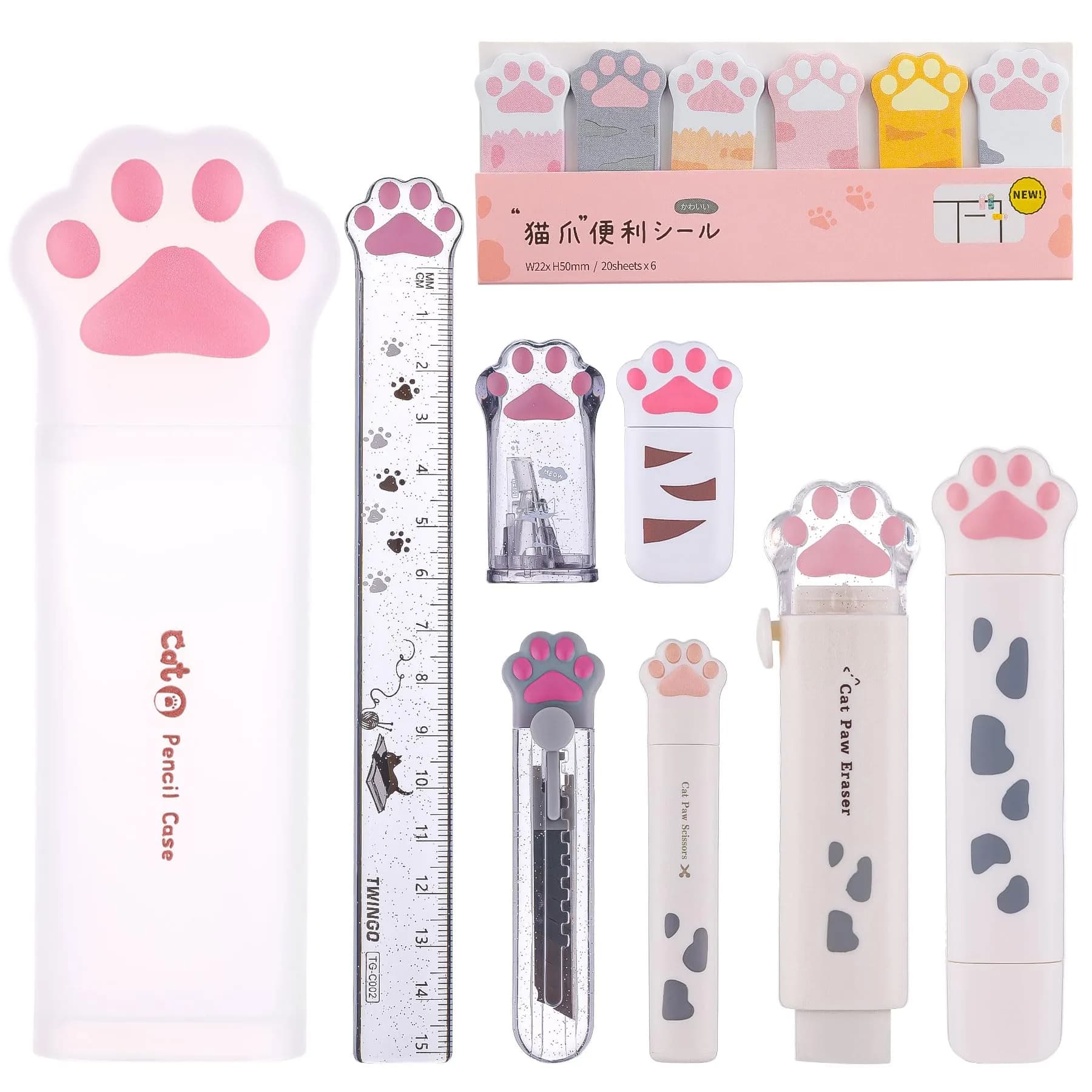 Kogcmeetl 9 Pcs Cute Cat Paw Stationery Set White | Retractable Eraser, Correction Tape, Sharpener, Ruler, Scissors, Knife, Sticky Notes