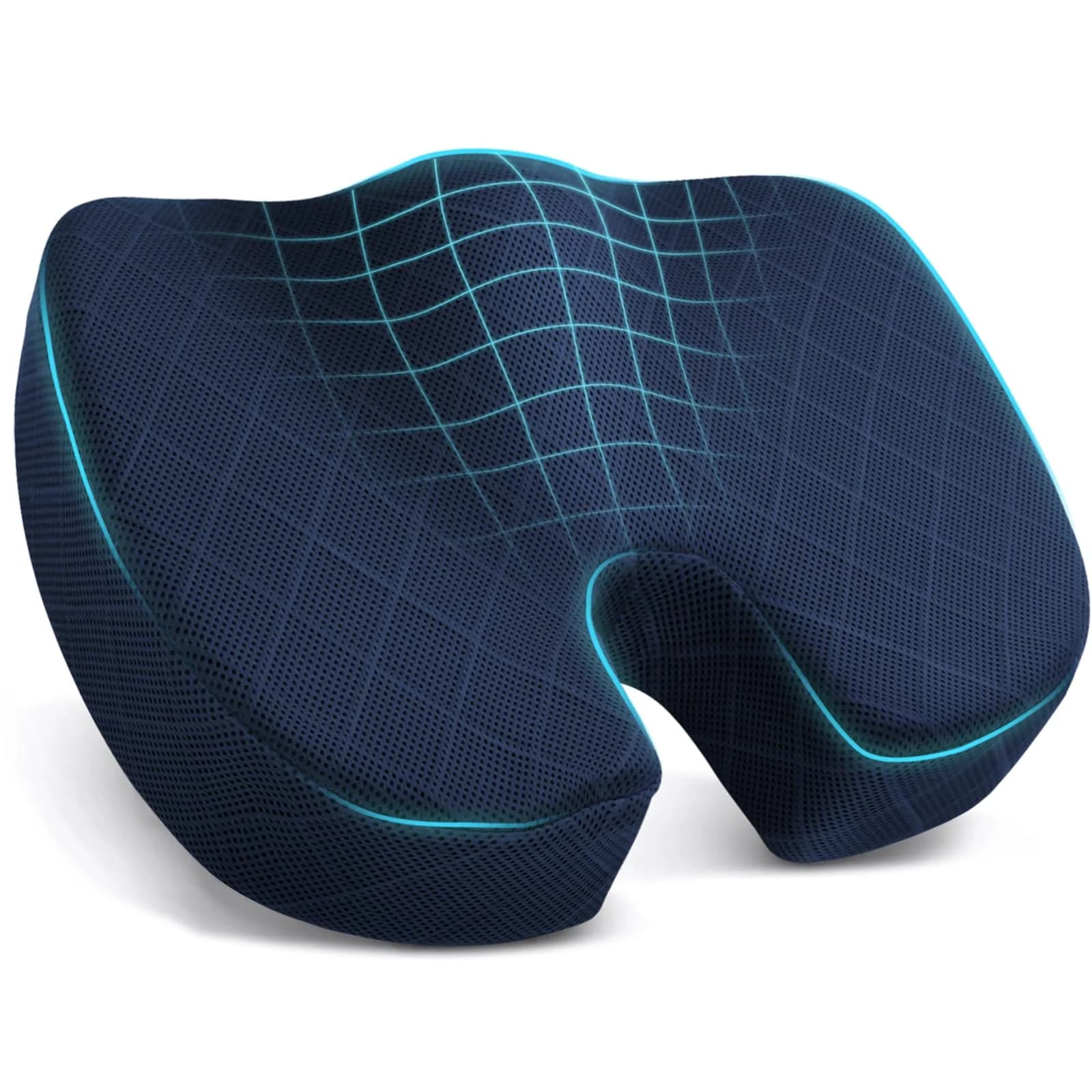 TushGuard Memory Foam Seat Cushion Blue | Ergonomic U-Shape for Office Chair, Car, Airplane, Bleacher - Sciatica & Coccyx Pain Relief