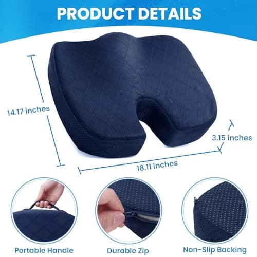 TushGuard Memory Foam Seat Cushion Blue | Ergonomic U-Shape for Office Chair, Car, Airplane, Bleacher - Sciatica & Coccyx Pain Relief thumbnail 2