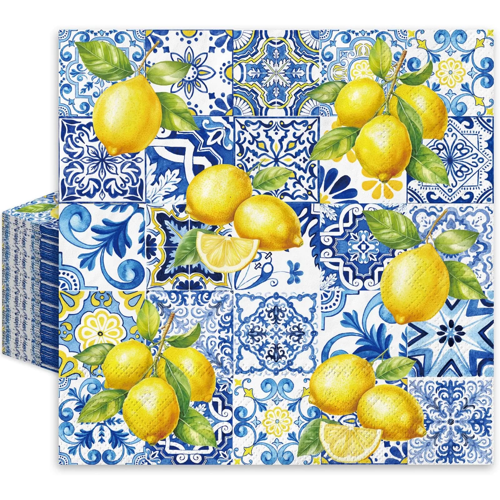 JarThenaAMCS Disposable Napkins 80Pcs Tiles Lemons Blue Yellow | Elegant Party Table Decor