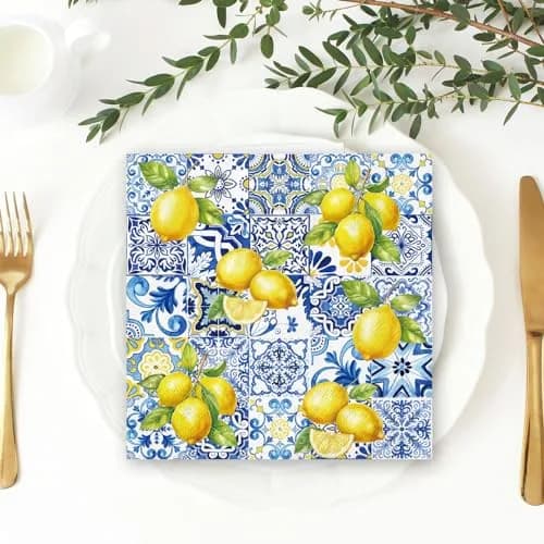 JarThenaAMCS Disposable Napkins 80Pcs Tiles Lemons Blue Yellow | Elegant Party Table Decor thumbnail 7