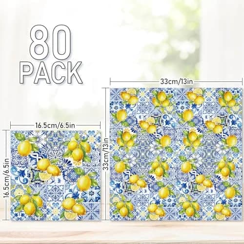 JarThenaAMCS Disposable Napkins 80Pcs Tiles Lemons Blue Yellow | Elegant Party Table Decor thumbnail 2