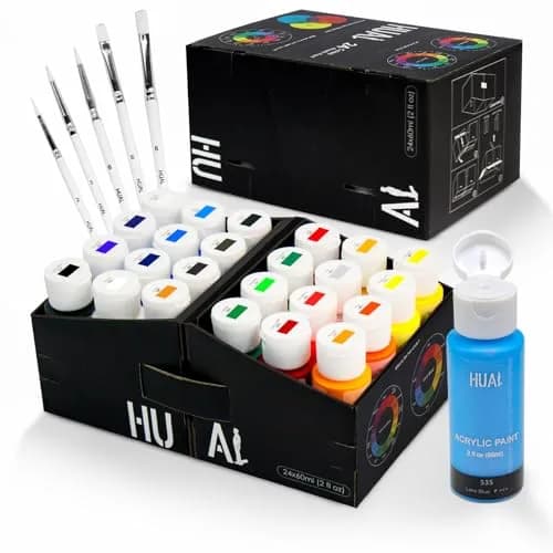 HUAL Acrylic Paint Set with 5 Brushes, 24 Colors (60ml / 2 Fl Oz Each) | ASTM D-4236 Certified Non-Toxic thumbnail 1