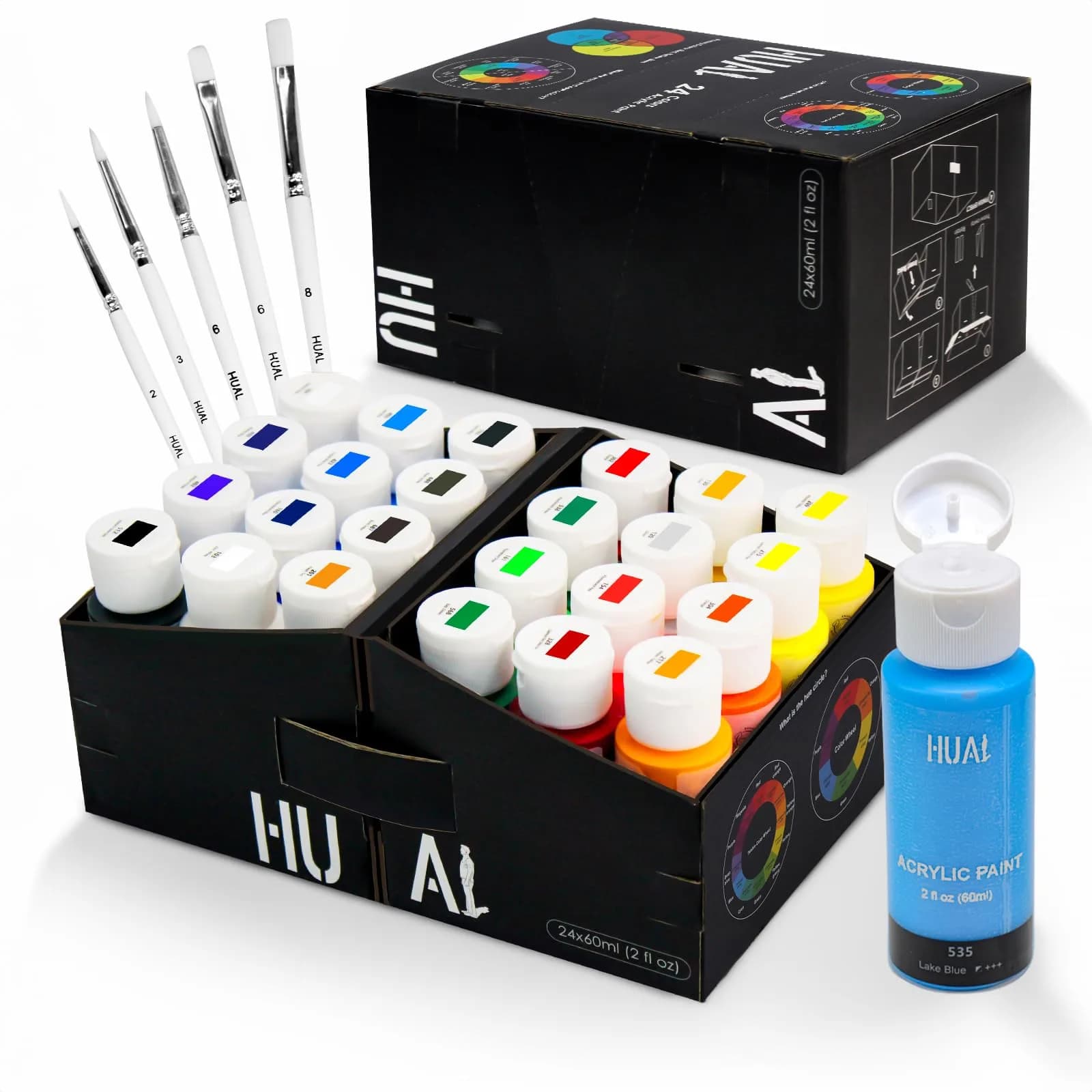 HUAL Acrylic Paint Set with 5 Brushes, 24 Colors (60ml / 2 Fl Oz Each) | ASTM D-4236 Certified Non-Toxic