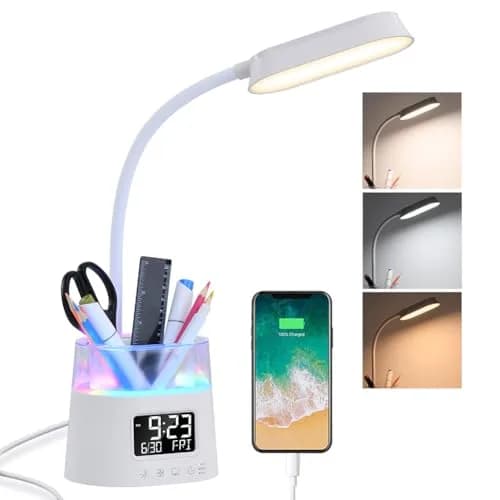 WILIT LED Desk Lamp for Home Office with Pen Holder, RGB Night Light, White | Adjustable Brightness & Timer thumbnail 1