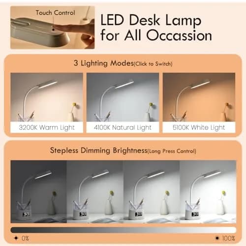 WILIT LED Desk Lamp for Home Office with Pen Holder, RGB Night Light, White | Adjustable Brightness & Timer thumbnail 2