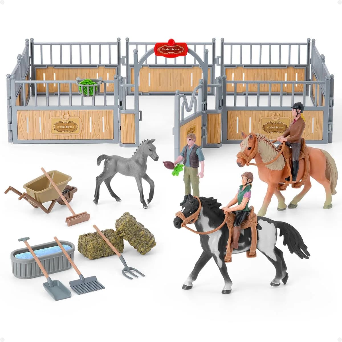 DuDuMo Horse Stable Playset with 3 Horses & 2 Riders | Realistic Farm Toy for Kids 3+ - main product image