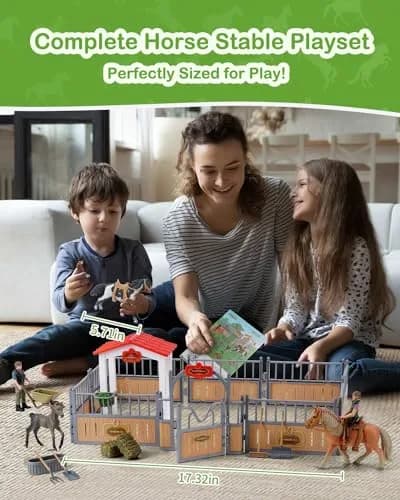 DuDuMo Horse Stable Playset with 3 Horses & 2 Riders | Realistic Farm Toy for Kids 3+ thumbnail 2