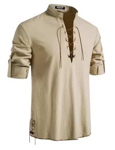 JEMITOP Men's Vintage Renaissance Costume Shirt Long Sleeve Lace Up M | Breathable Cotton for Cosplay & Halloween thumbnail 1