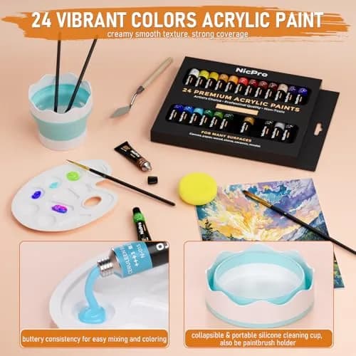 Nicpro 68PCS Acrylic Paint Canvas Set for Adults with 24 Paints | Complete Art Kit for Beginners thumbnail 4