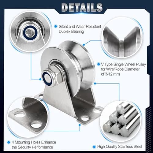 dojobkinb V Type Pulley Wheel 2 Pack 1.89 inch (4.8 cm) | Silent Duplex Bearing Stainless Steel Mounted Block thumbnail 3