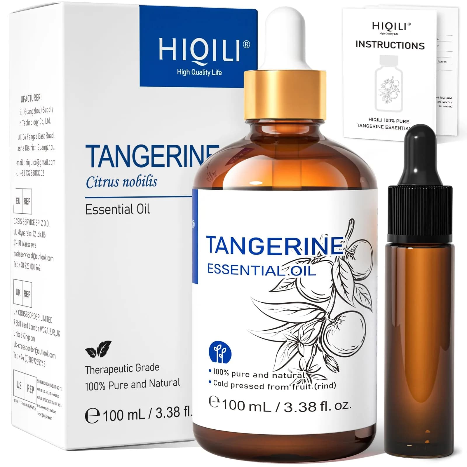 HIQILI Tangerine Essential Oil 100ml (3.38 Fl Oz) | Fresh Citrus Aroma for Skin & Home - main product image