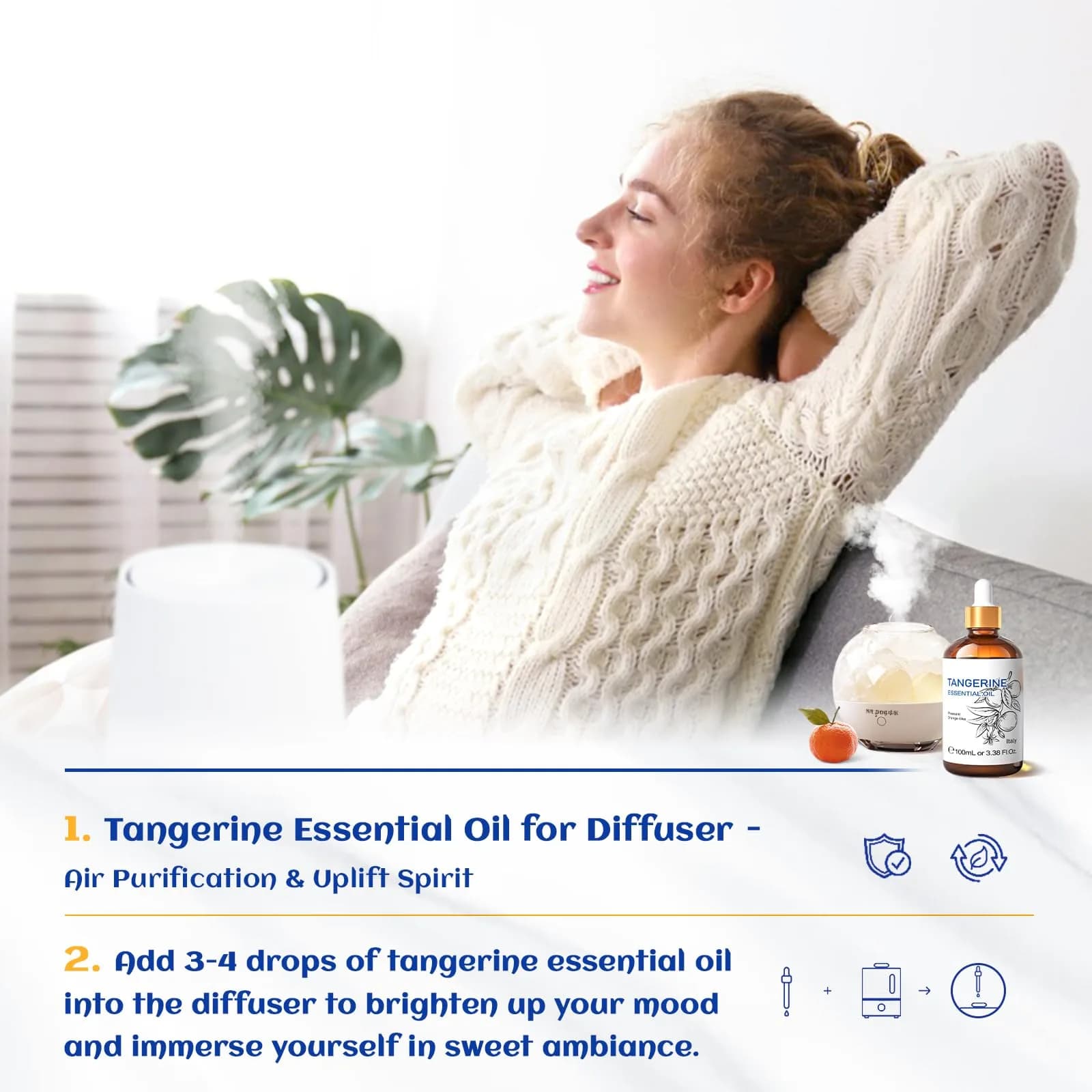 HIQILI Tangerine Essential Oil 100ml (3.38 Fl Oz) | Fresh Citrus Aroma for Skin & Home thumbnail 3