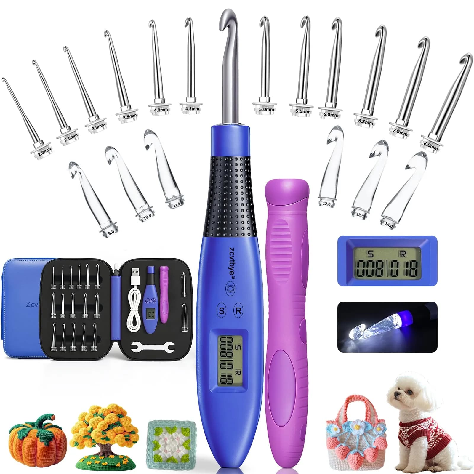 Zcvtbye Light Up Crochet Hooks Set, 18 Sizes with Digital Counters & LED Light | Ergonomic & Rechargeable - main product image