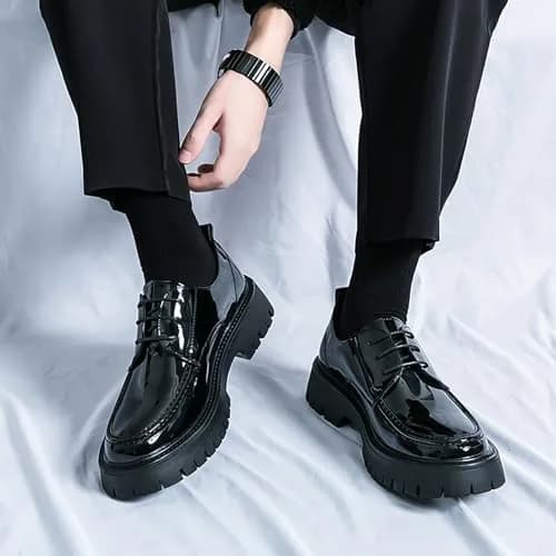 MVIOBUY Men's Black Leather Platform Lace Up Loafers | Size 8.5 Wide (24 cm) thumbnail 5