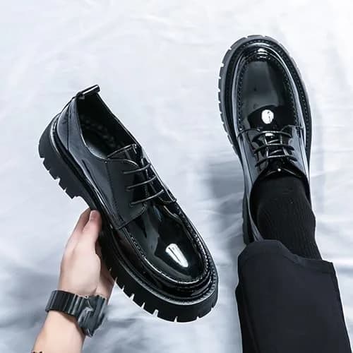 MVIOBUY Men's Black Leather Platform Lace Up Loafers | Size 8.5 Wide (24 cm) thumbnail 2