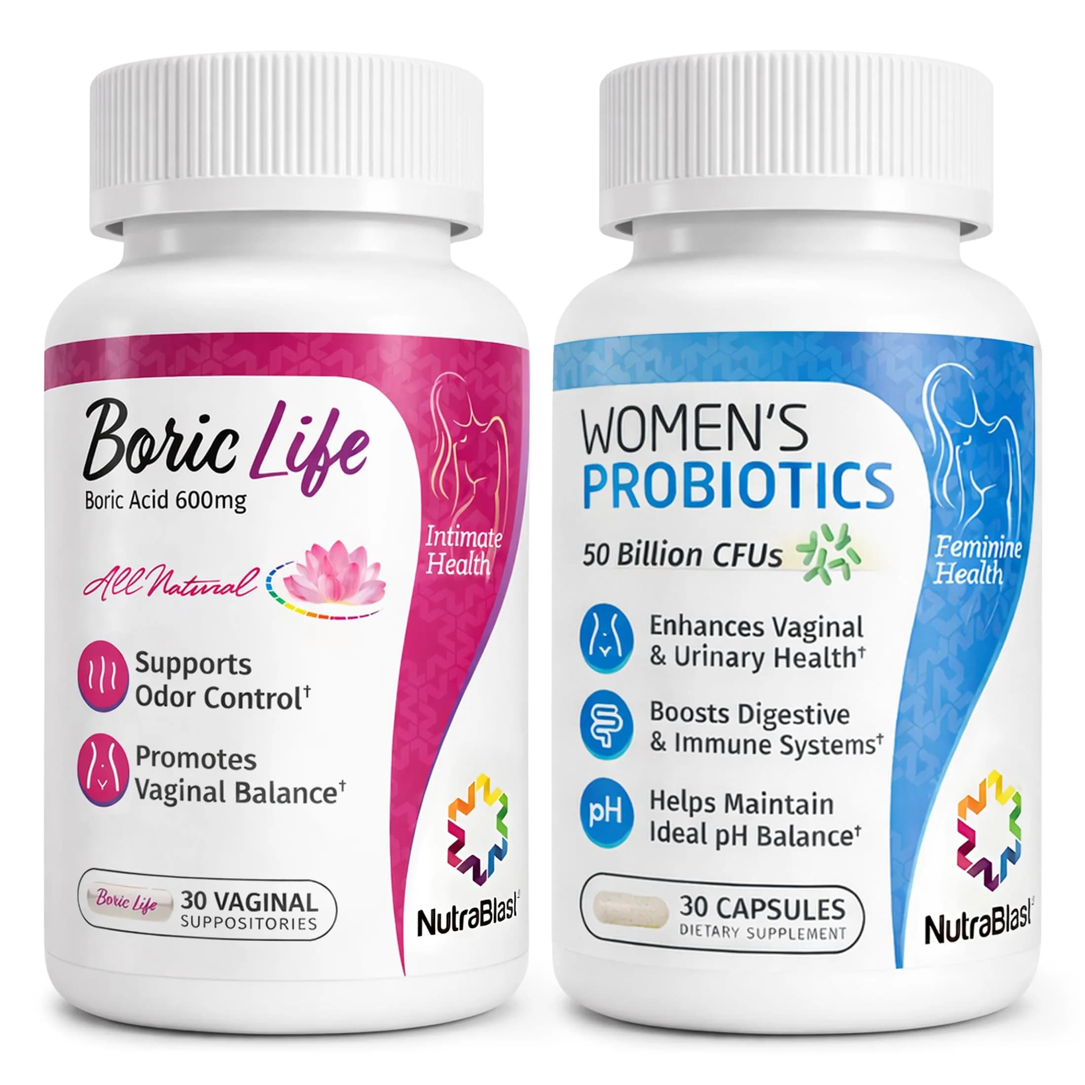 NutraBlast Boric Acid Suppositories Bundle with Women's Probiotics 60 Count | Supports Odor Control, Intimate Health Support, 100% Pure, Vegetable Capsules, Made in USA