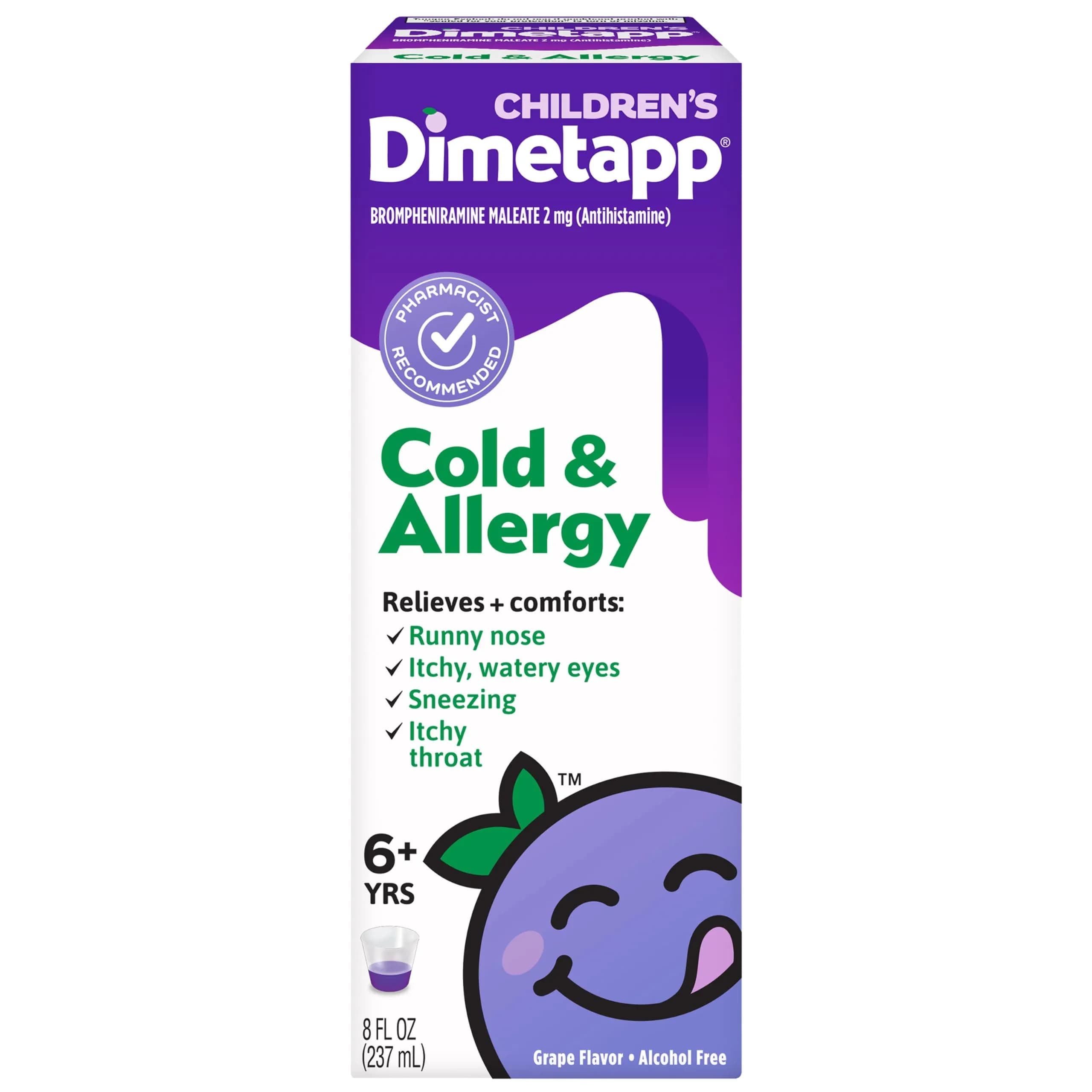 Dimetapp Children’s Cold & Allergy Liquid, Grape Flavor, 8 fl oz | Multi-symptom relief for kids - main product image