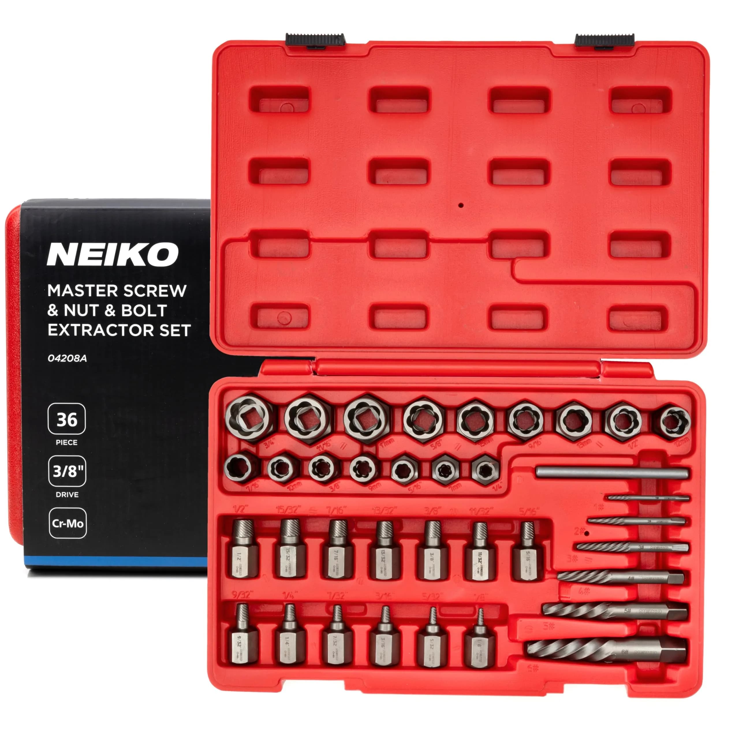 NEIKO 55-Piece Master Screw Extractor Set | 5/64" to 1/2" Multi Spline, Spiral, Nut Extractors | Stripped Screws, Studs, Fittings Extraction — 36 Piece / Extractor Set