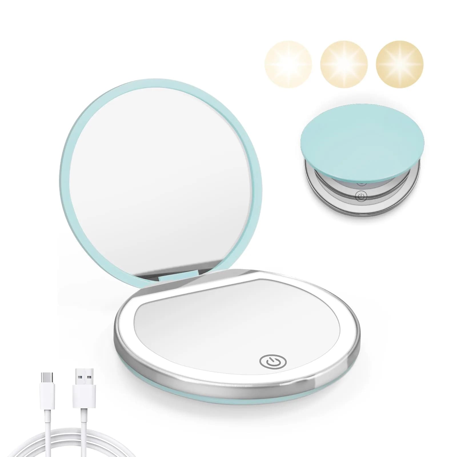 Kakuje Pink Compact Mirror with Light, 1X/3X Magnification LED Pocket Mirror | Rechargeable, Portable, Travel-Ready — Mint Green