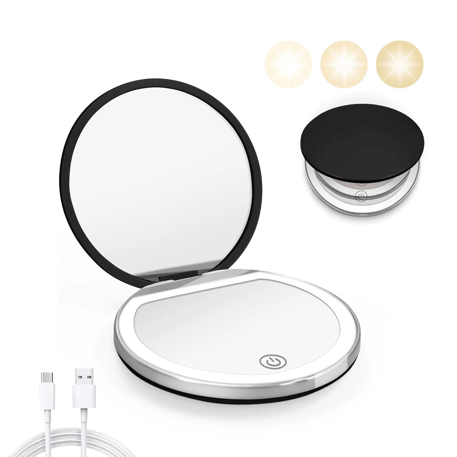 Kakuje Pink Compact Mirror with Light, 1X/3X Magnification LED Pocket Mirror | Rechargeable, Portable, Travel-Ready — Black