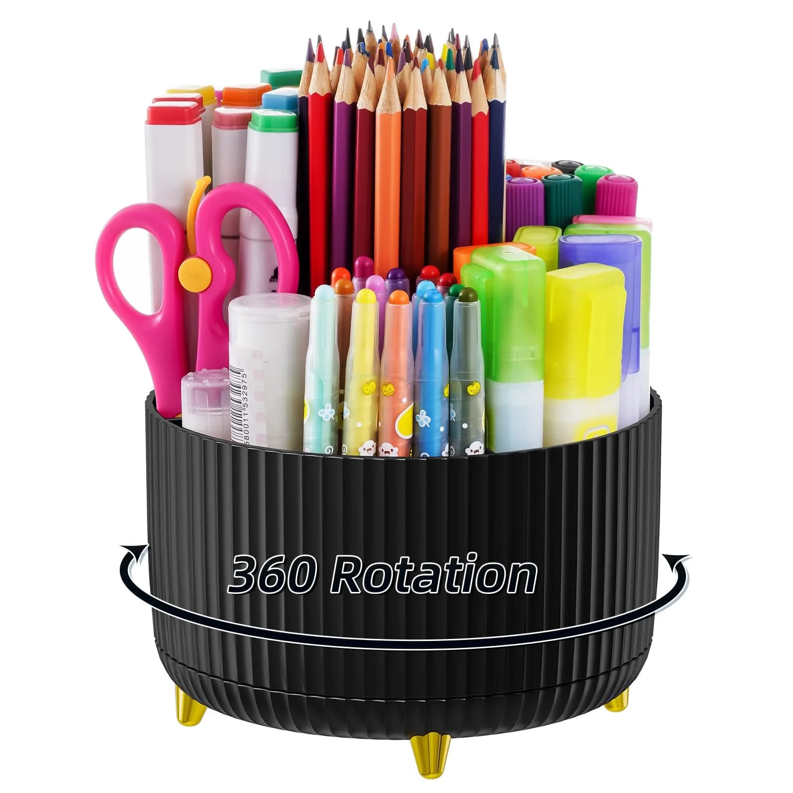 Marbrasse 360° Rotating Desk Organizer with 5 Compartments | Smoothly Spins for Office, Home, Craft Supplies (Black)