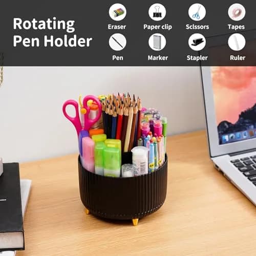 Marbrasse 360° Rotating Desk Organizer with 5 Compartments | Smoothly Spins for Office, Home, Craft Supplies (Black) thumbnail 3
