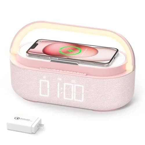 COLSUR Bluetooth Speaker Alarm Clock & Wireless Charger with FM Radio, Night Light, Phone Holder - Pink thumbnail 1