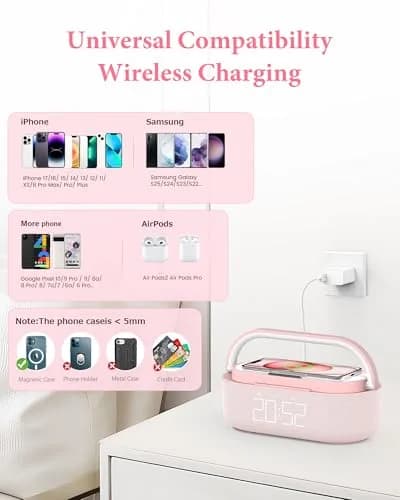 COLSUR Bluetooth Speaker Alarm Clock & Wireless Charger with FM Radio, Night Light, Phone Holder - Pink thumbnail 7