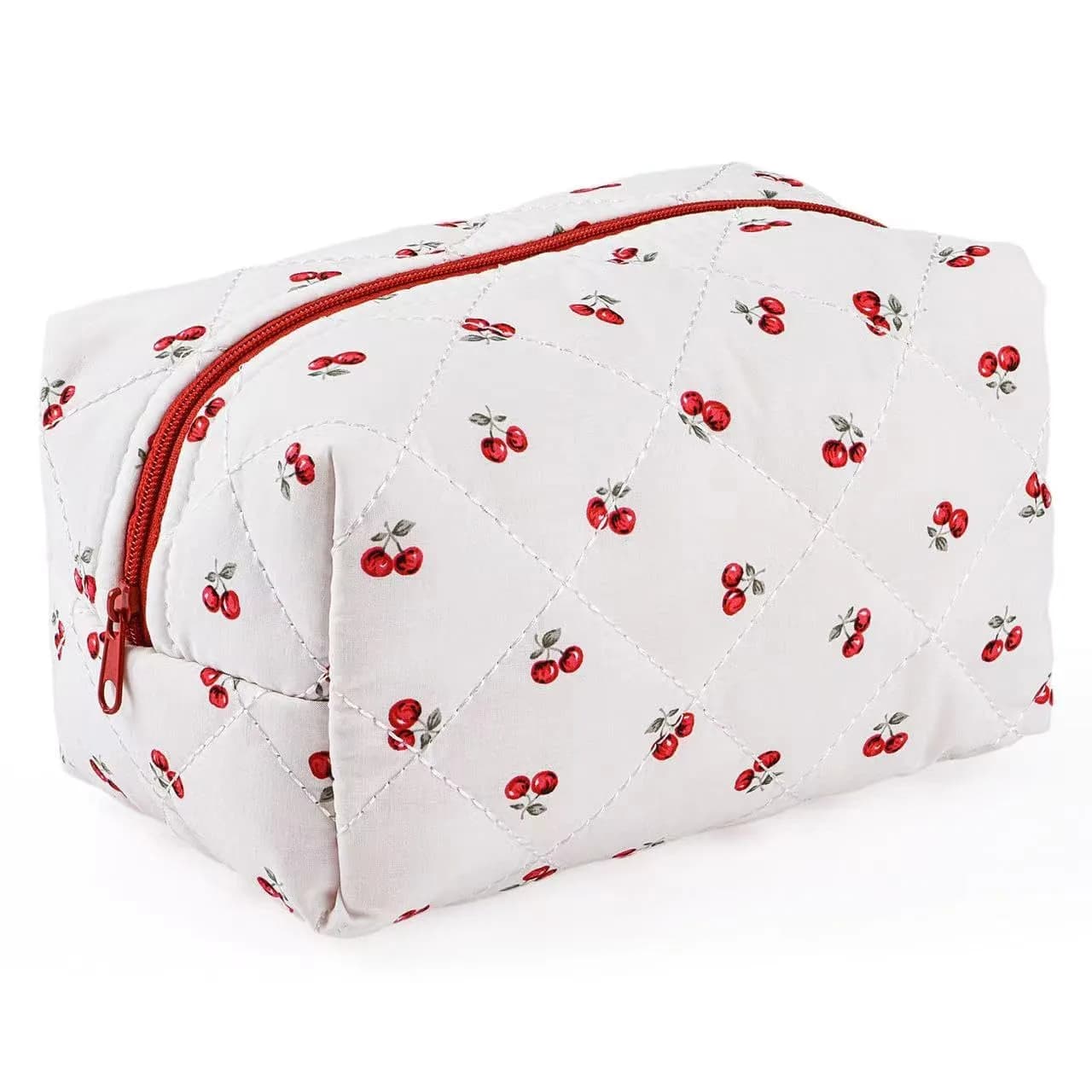 MZLUWM Puffy Coquette Floral Quilted Makeup Bag Large Fashionable Travel Pouch Cute Pink 20cm (7.8in) x 12cm (4.7in) x 10cm (4in) — Cherry
