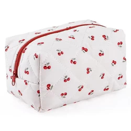 MZLUWM Quilted Floral Makeup Bag, Cherry, 19.8cm x 10cm x 10cm | Cute Cherry Make up Bag with Zipper thumbnail 1
