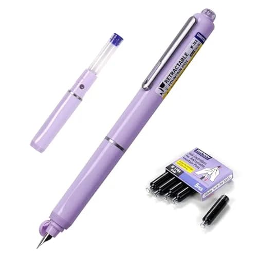 WRITECH Retractable Fountain Pen Fine Nib: Black Ink Set with 5 Cartridges | Smooth Writing for Calligraphy, Sketching, Journaling (Purple) thumbnail 1