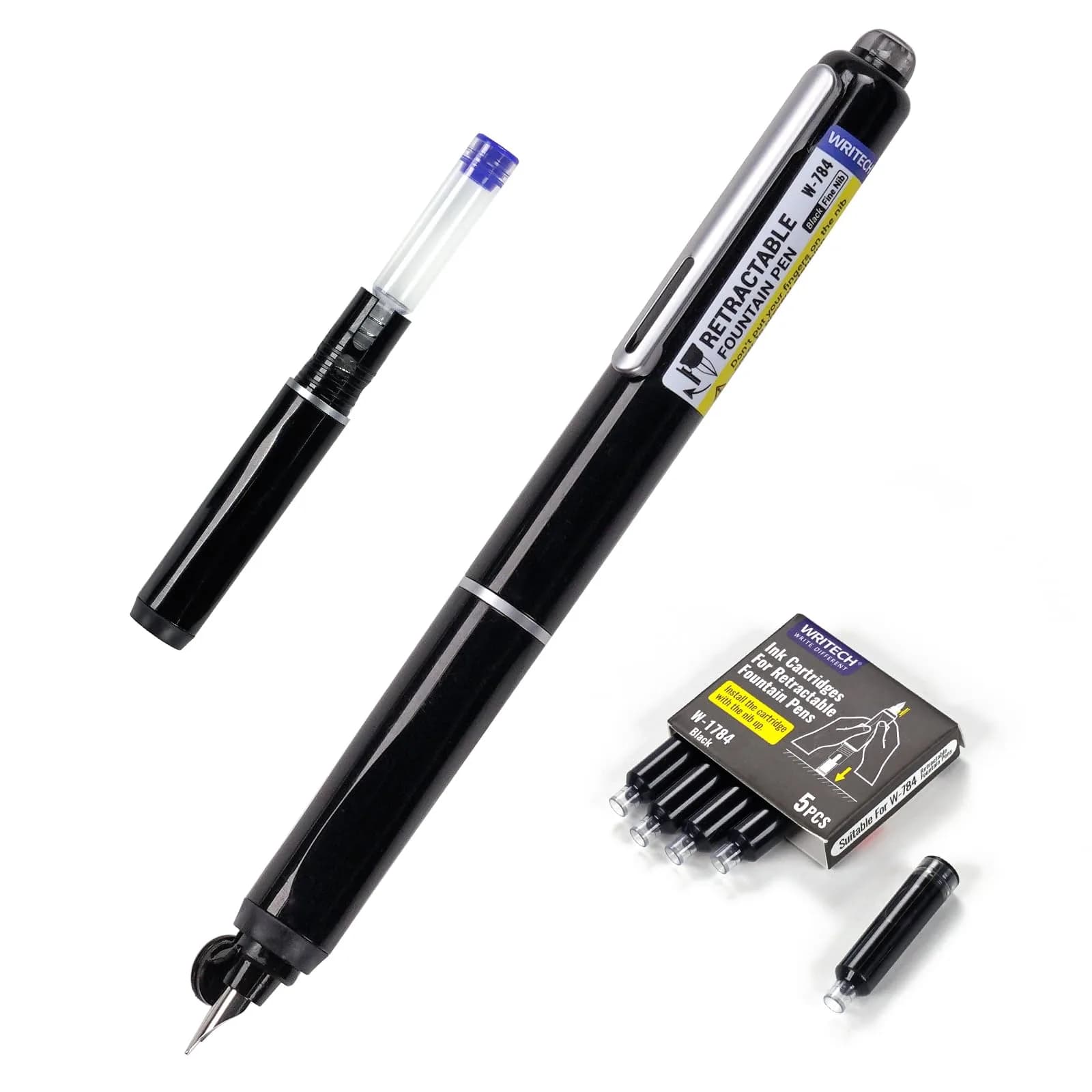 WRITECH Retractable Fountain Pen Set Fine Nib Black Ink | 0.3mm - main product image
