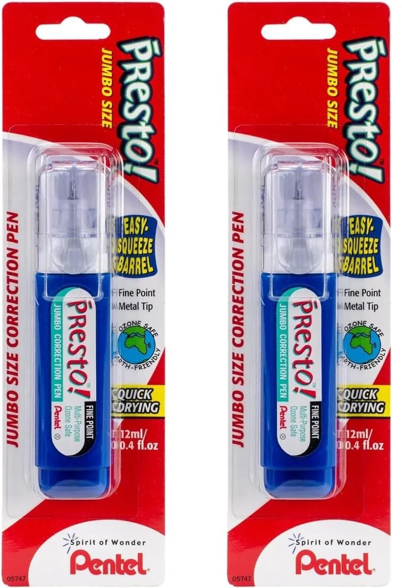 Pentel Presto! Jumbo Correction Pen 12ml (0.4 fl.oz.) 2-Pack | Fine Point Metal Tip for Smooth Ink Flow - main product image