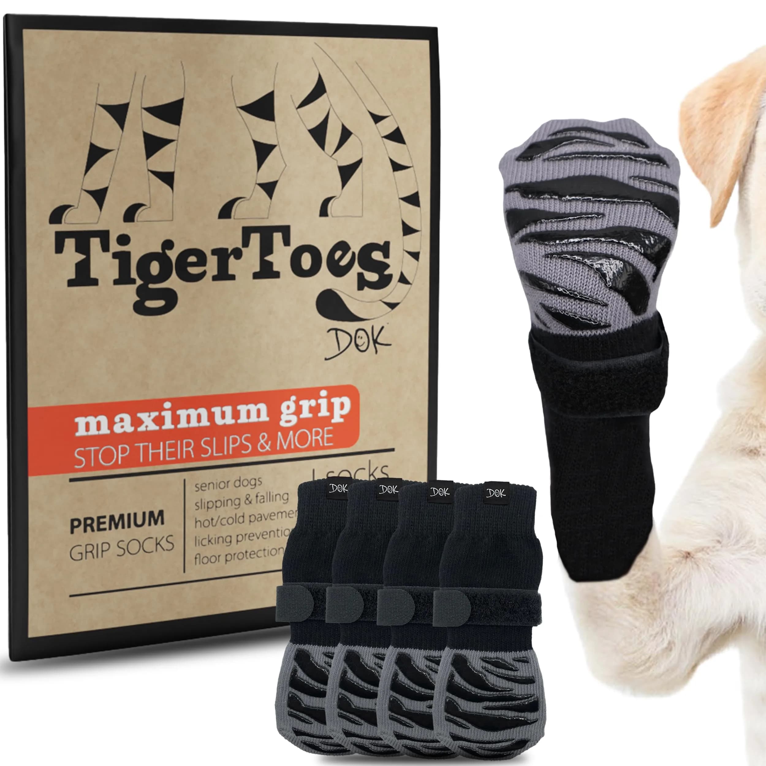 DOK TigerToes Premium Non-Slip Dog Socks XXS (4-Pack) | Extra-Thick Grip for Hardwood Floors & Hot Pavement — Classic Grey