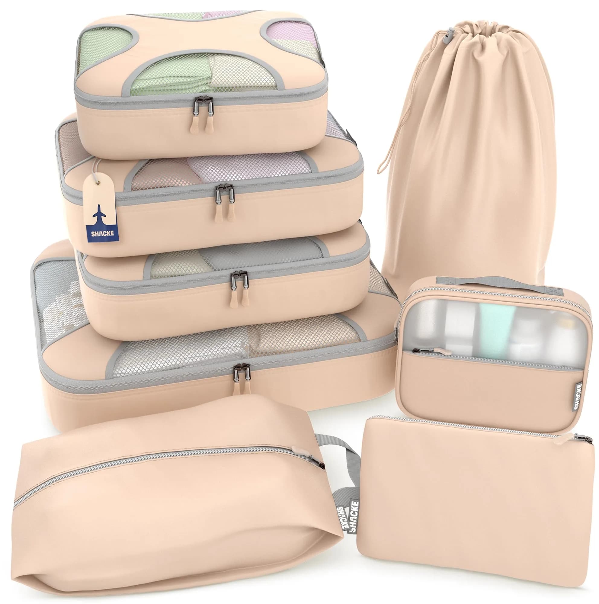 Shacke 5 Set Packing Cubes for Travel with Laundry Bag (Precious Pink) | Water-Resistant Nylon, 4 Deep Cubes, Laundry Separator — 8 Set - Nude Biege