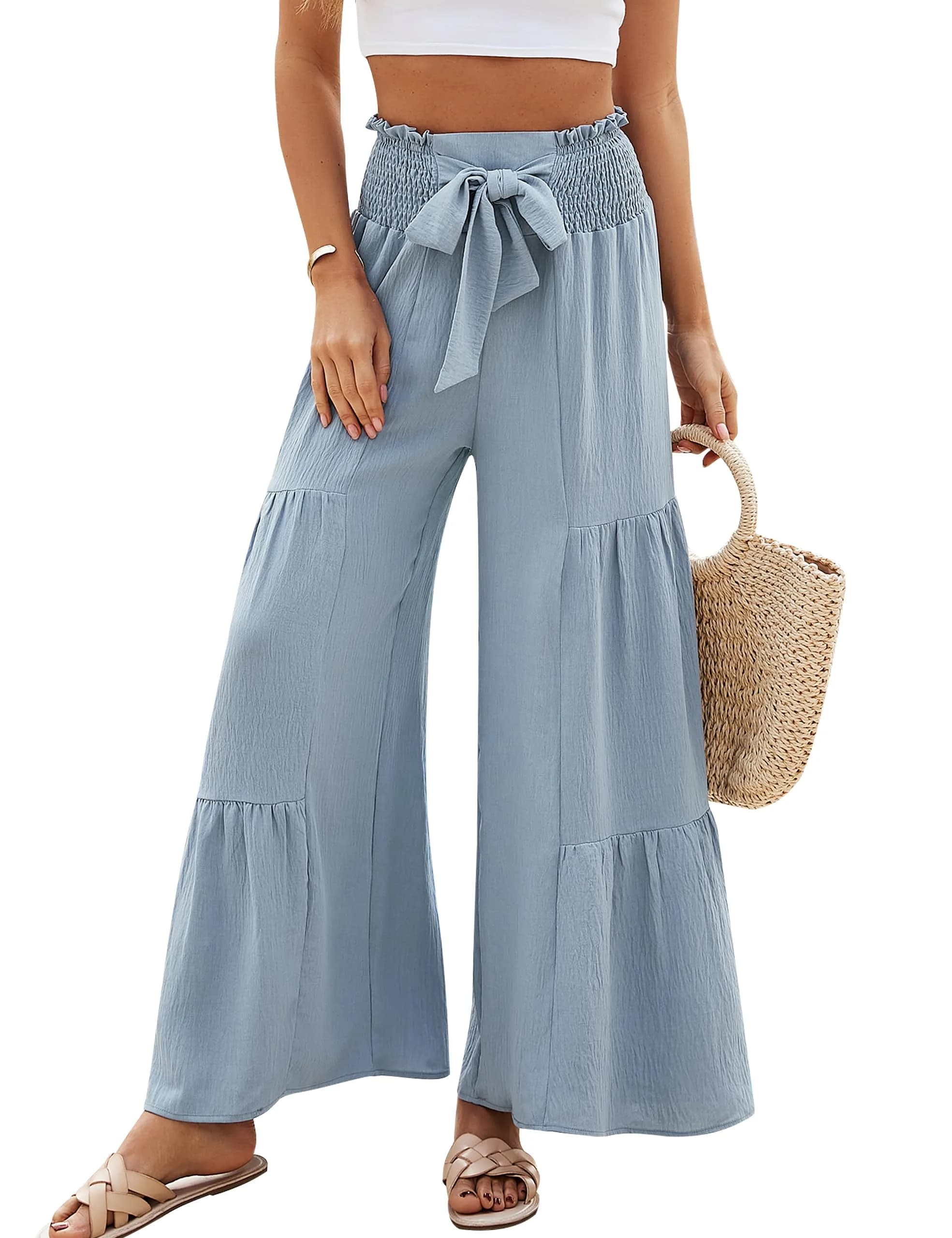 Blooming Jelly Women's High Waisted Wide Leg Palazzo Pants with Bow Tie Waistband | Haze Blue Large — Haze Blue