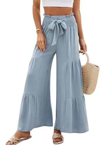 Blooming Jelly Women's High Waisted Wide Leg Palazzo Pants with Bow Tie Waistband | Haze Blue Large thumbnail 1