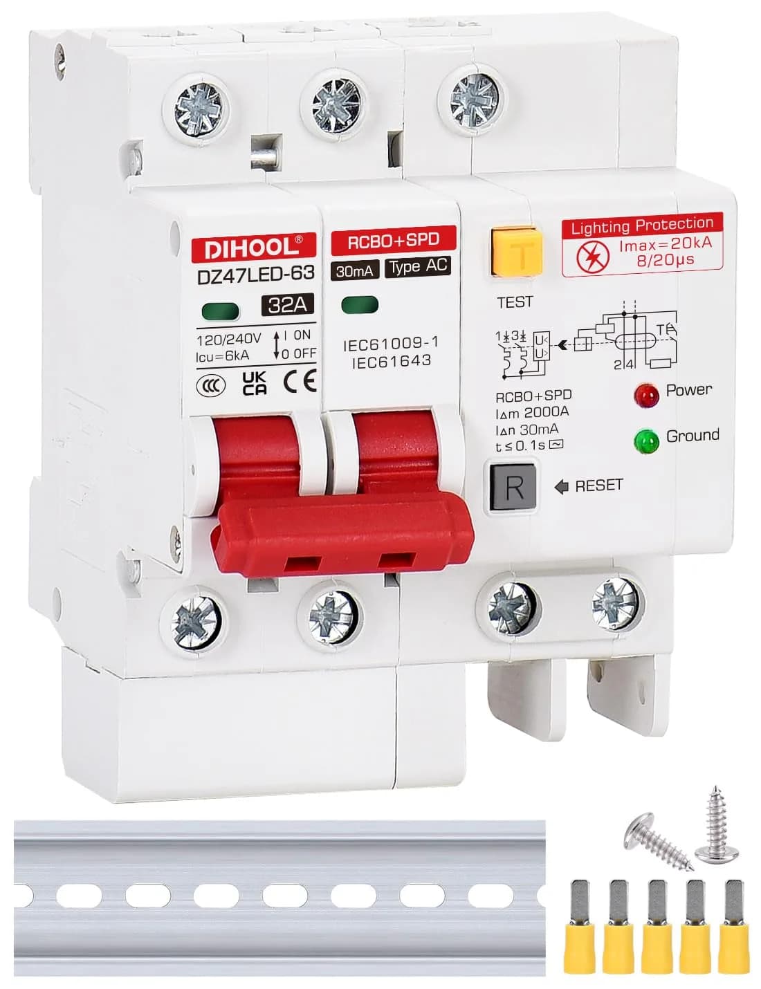 DIHOOL 120V 240V Circuit Breaker 32A | Residual Current & Surge Protection (120-240V AC, DIN Rail Mount, 2 Poles) - main product image
