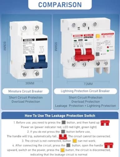 DIHOOL 120V 240V Circuit Breaker 32A | Residual Current & Surge Protection (120-240V AC, DIN Rail Mount, 2 Poles) thumbnail 5