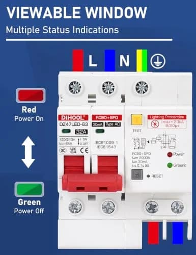DIHOOL 120V 240V Circuit Breaker 32A | Residual Current & Surge Protection (120-240V AC, DIN Rail Mount, 2 Poles) thumbnail 7