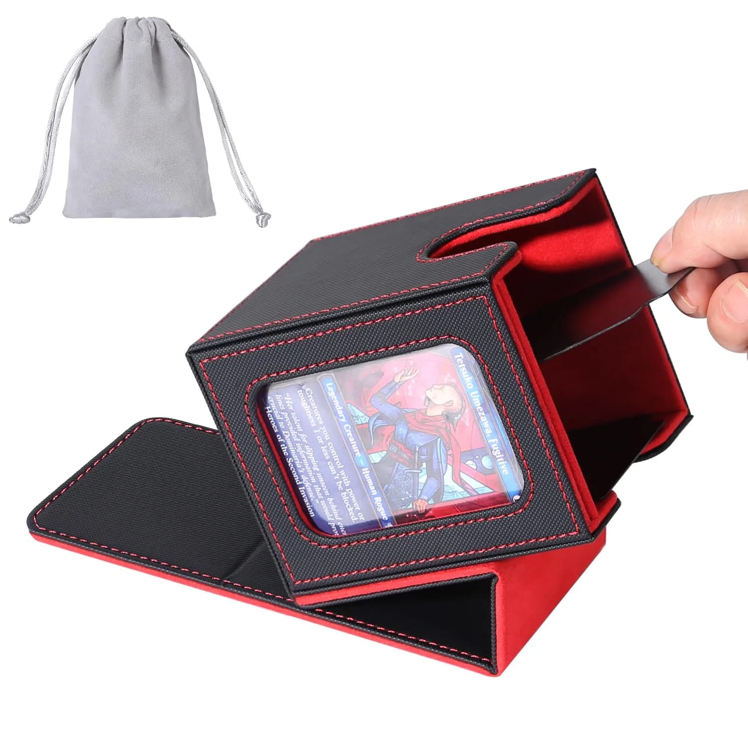 AFIING MTG Commander Deck Box for 100 Double Sleeved Cards, Black/Red | Side Window Display & Drawstring Bag