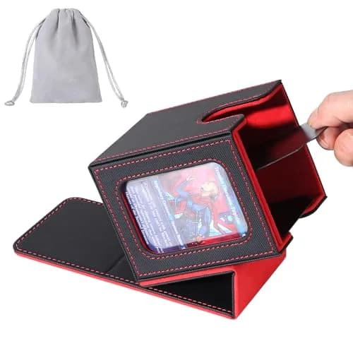 AFIING MTG Commander Deck Box for 100 Double Sleeved Cards, Black/Red | Side Window Display & Drawstring Bag thumbnail 1
