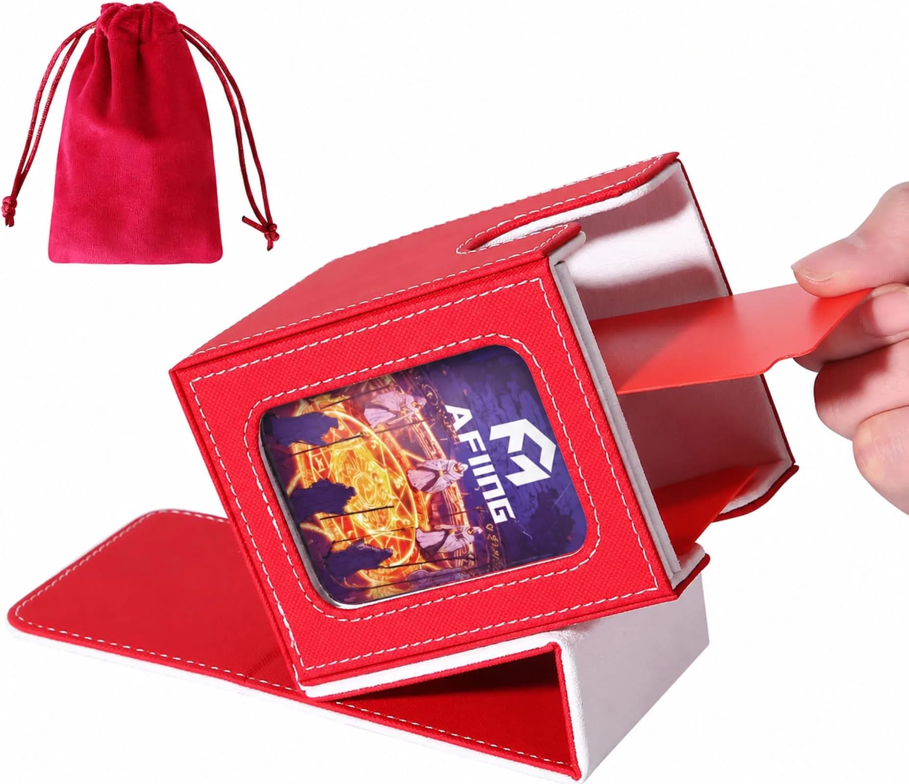 AFIING Commander Deck Box with Commander Display Window & Dice Bag, 100 Double-Sleeved Cards or 120 Single-Sleeved Cards, PU Leather, Magnetic Closure (Red/White)
