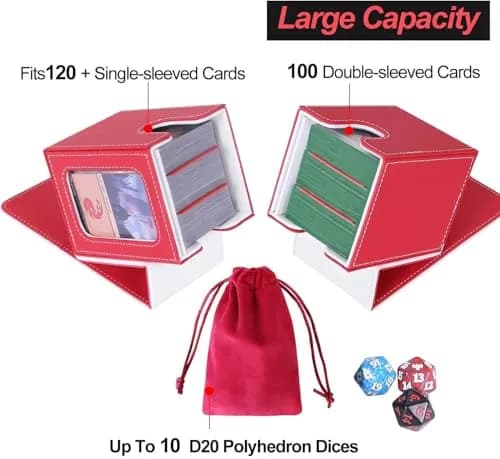 AFIING Commander Deck Box with Commander Display Window & Dice Bag, 100 Double-Sleeved Cards or 120 Single-Sleeved Cards, PU Leather, Magnetic Closure (Red/White) thumbnail 3