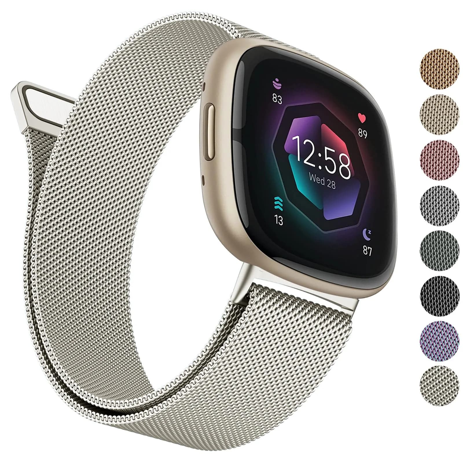 AK Metal Band Compatible with Fitbit Sense 2 / Versa 4 / Versa 3, Stainless Steel Mesh Loop Magnetic Replacement Strap for Smartwatch (Small, Starlight) - main product image