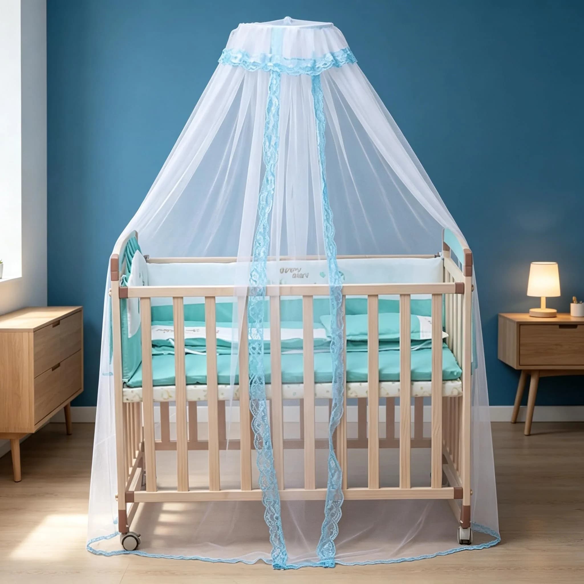 Vawolecy Universal Crib Mosquito Net with Lace Dome Canopy No Stand | Breathable Polyester Mesh, 63in Height x 177in Perimeter - main product image