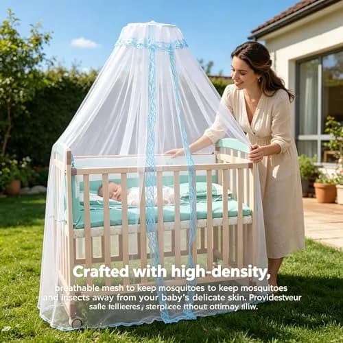 Vawolecy Universal Crib Mosquito Net with Lace Dome Canopy No Stand | Breathable Polyester Mesh, 63in Height x 177in Perimeter thumbnail 2