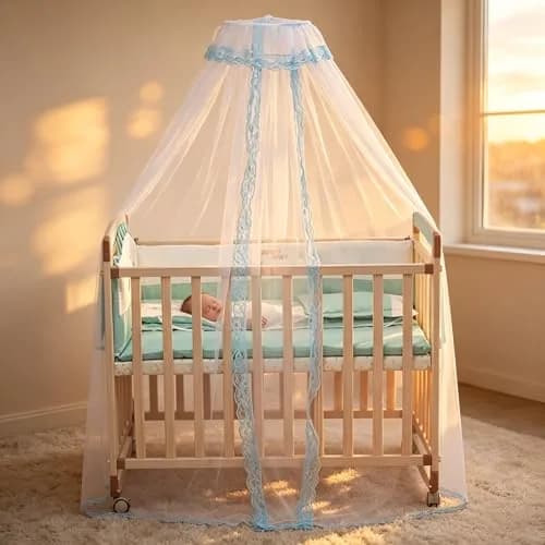 Vawolecy Universal Crib Mosquito Net with Lace Dome Canopy No Stand | Breathable Polyester Mesh, 63in Height x 177in Perimeter thumbnail 3